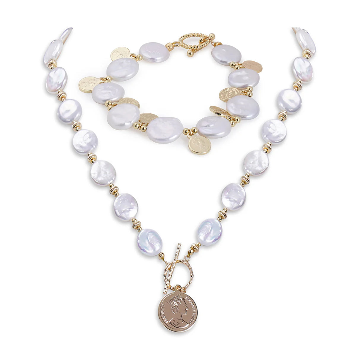 11-12mm Baroque Button Freshwater Pearl Coin Pendant Necklace & Bracelet Set