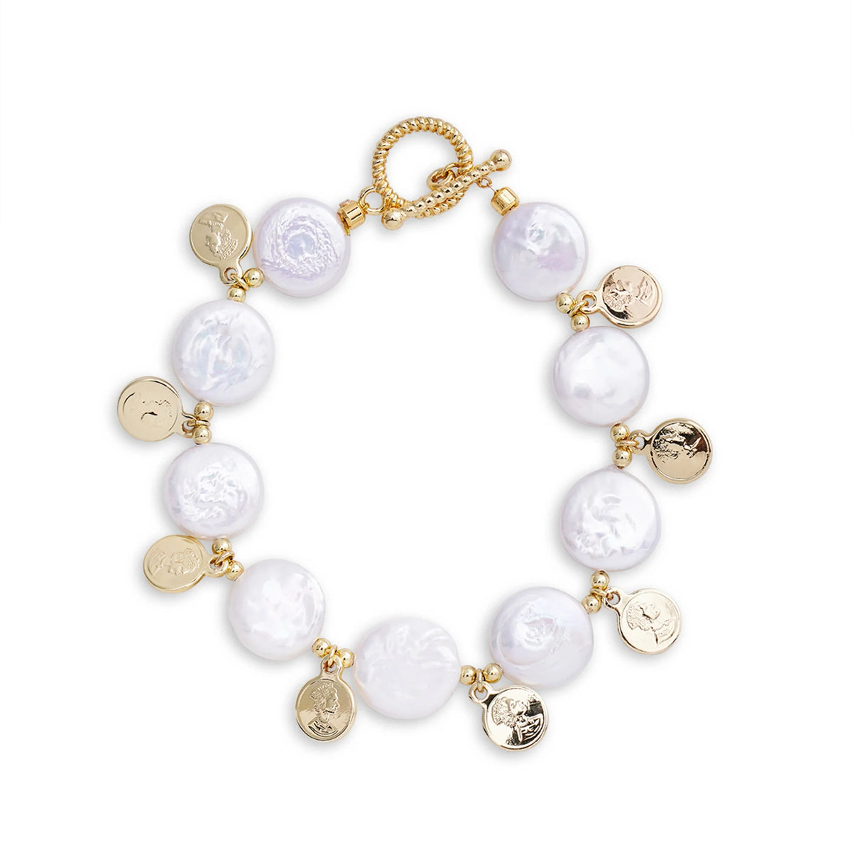 Baroque Button Pearl 14K Gold Coin Design Bracelet