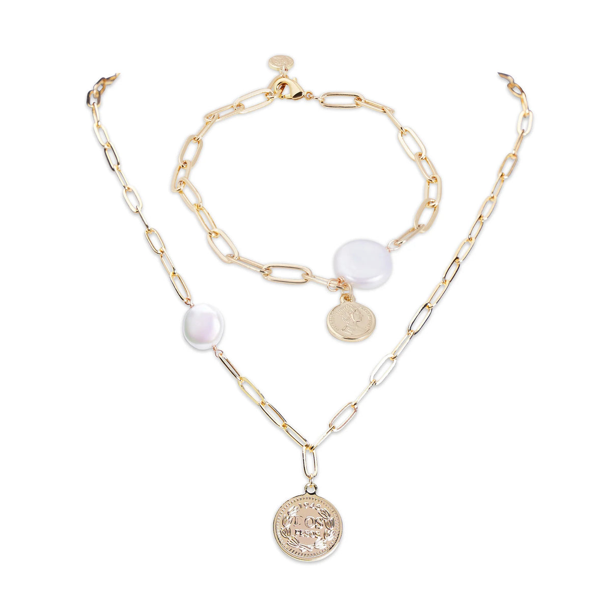 14K Gold Braque Pearl & Chain Coin Bracelet and Necklace Set