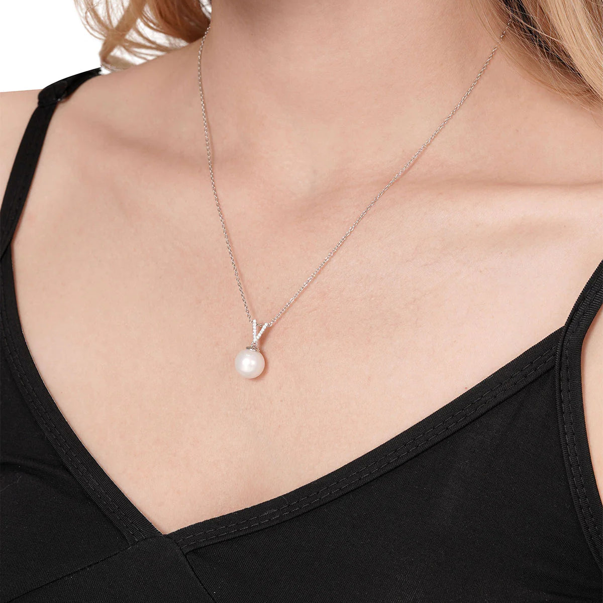 Freshwater Pearl & Diamond Silver V Pendant