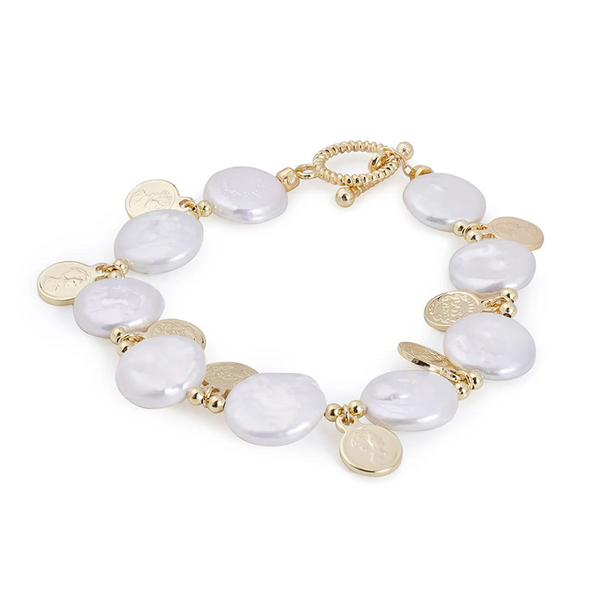 Baroque Button Pearl 14K Gold Coin Design Bracelet