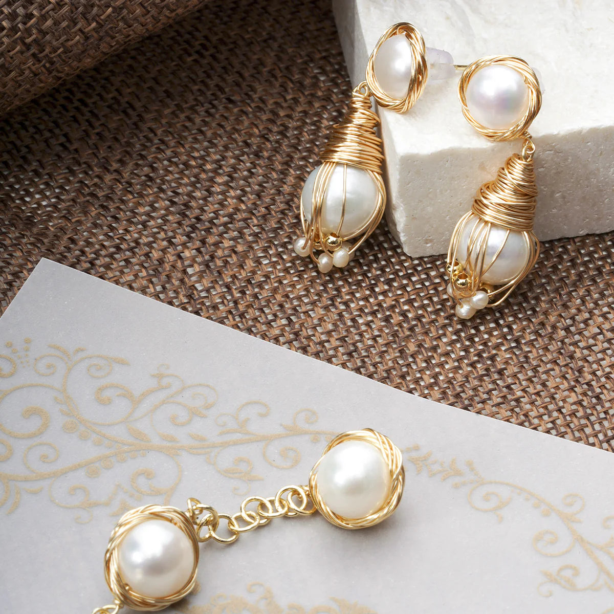 20-21mm White Freshwater Pearl Twine Drop Earrings