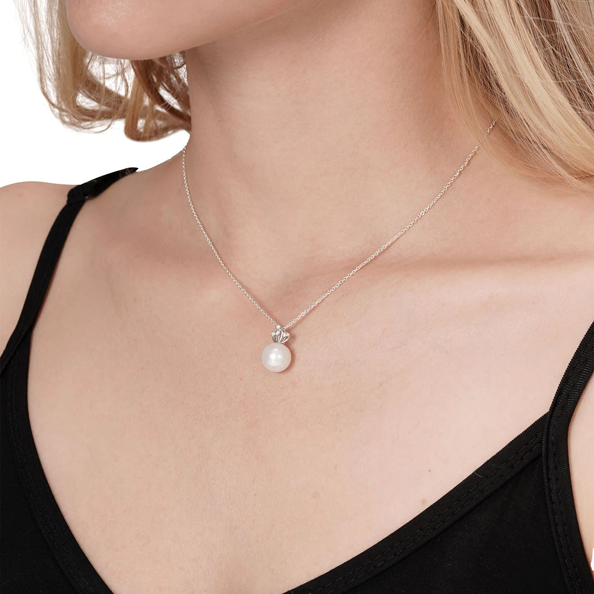 Freshwater Pearl & Diamond Silver Crown Pendant