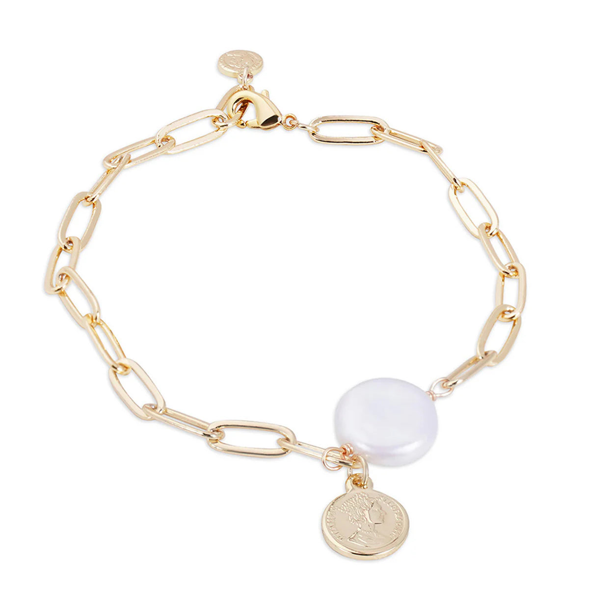 14K Gold Braque Pearl & Chain Coin Bracelet and Necklace Set