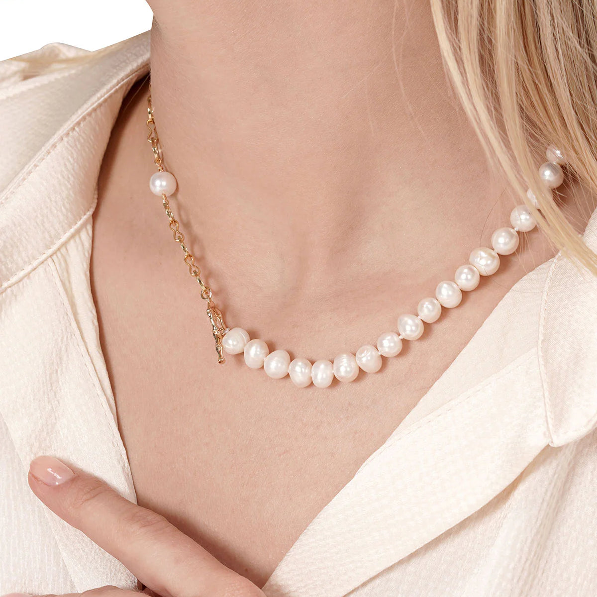 8-9mm White Freshwater Pearl & Chain Irregular Necklace