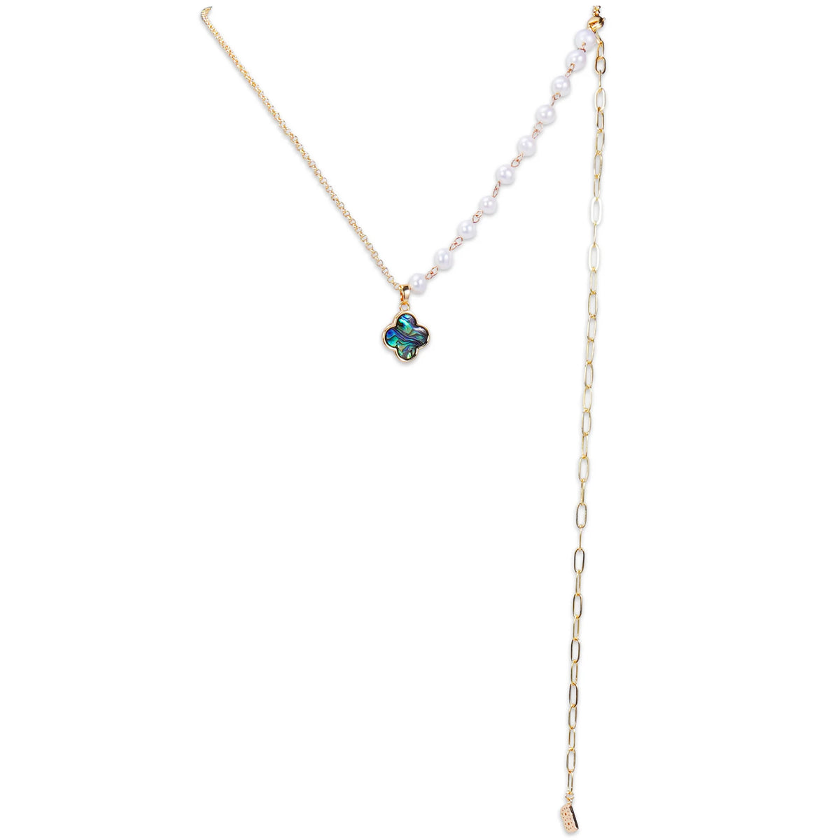 14K Gold Four-leaf Clover Abalone Shell Pendant Chain & Pearl Necklace