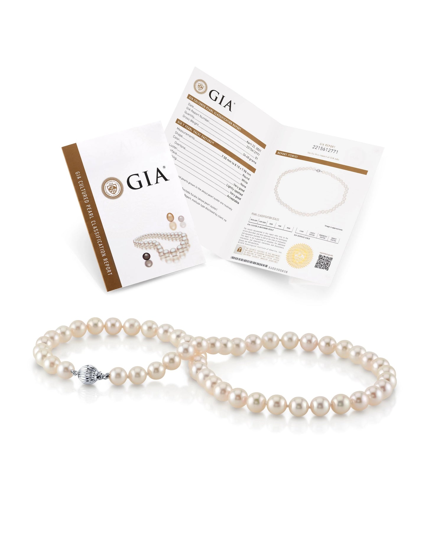 7.5-8.0mm Japanese Akoya White Pearl Necklace - AAA Quality