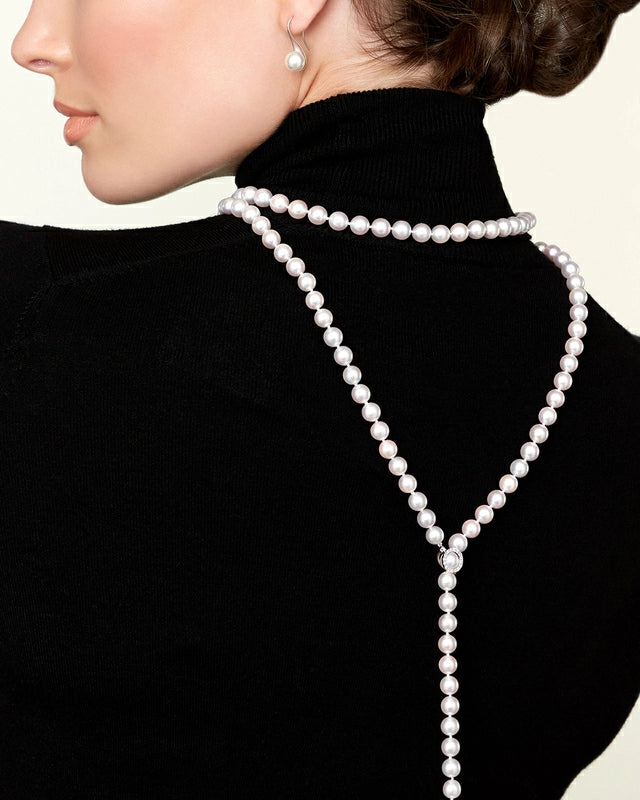 8.0-8.5mm Japanese Akoya White Pearl & Diamond Lariat Y-Shape Adjustable Necklace in Opera Length